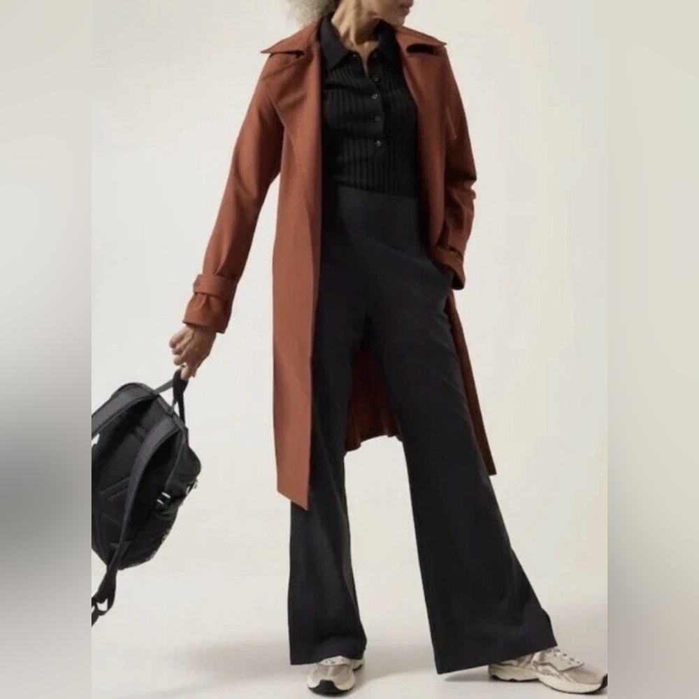 Athleta Black Wide Leg Jumpsuit with Rust Trench Coat